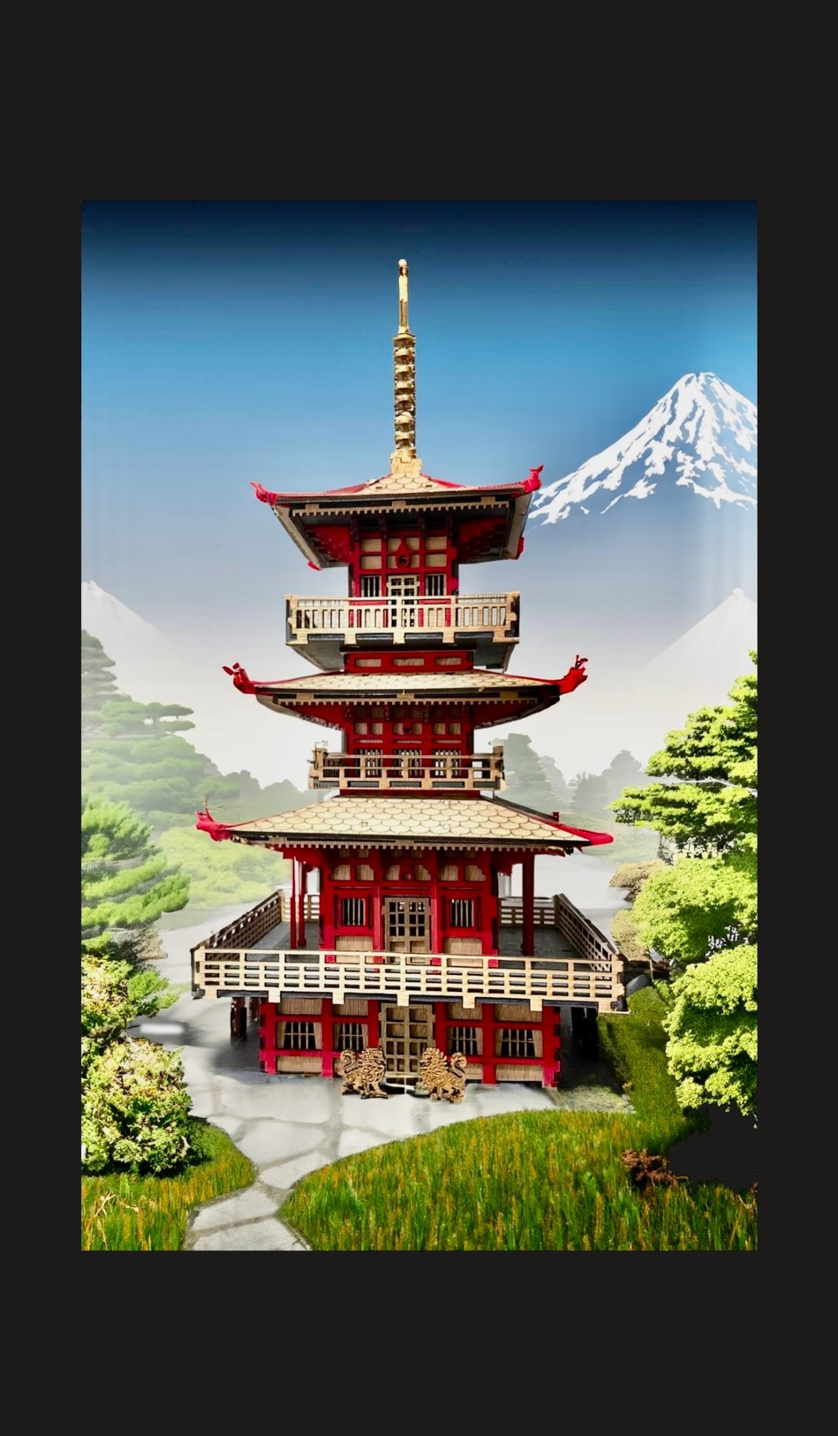 Japanese pagoda with Mount Fuji in the background