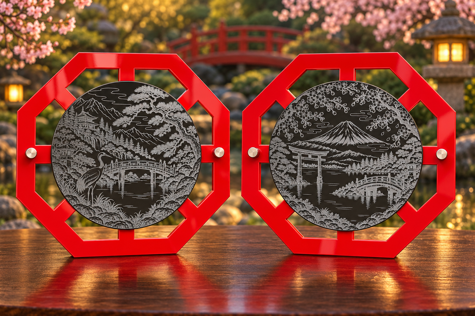 Two red-framed Japanese fine art plaques featuring a crane and Mount Fuji