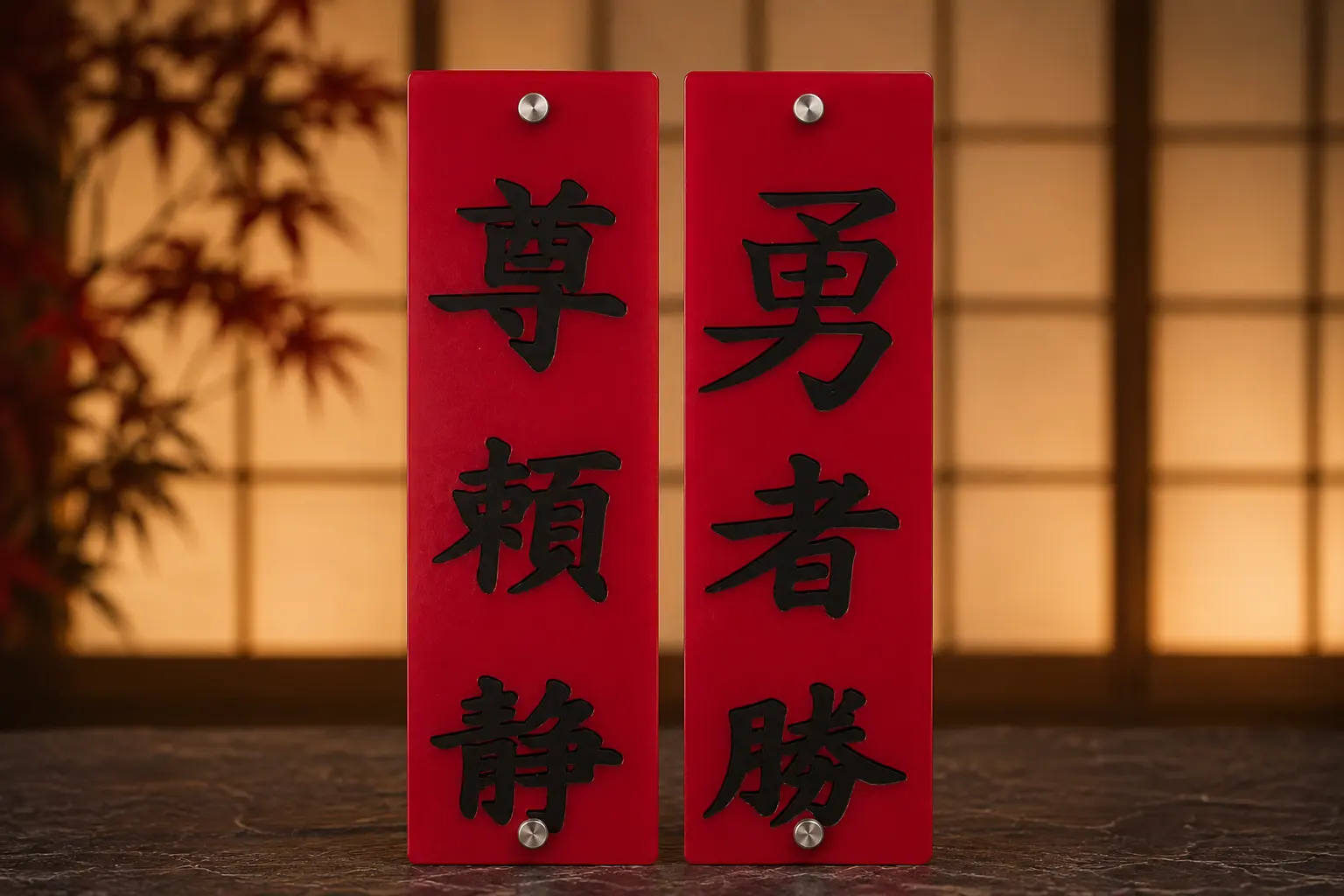 Pair of tall red and black Japanese character plaques