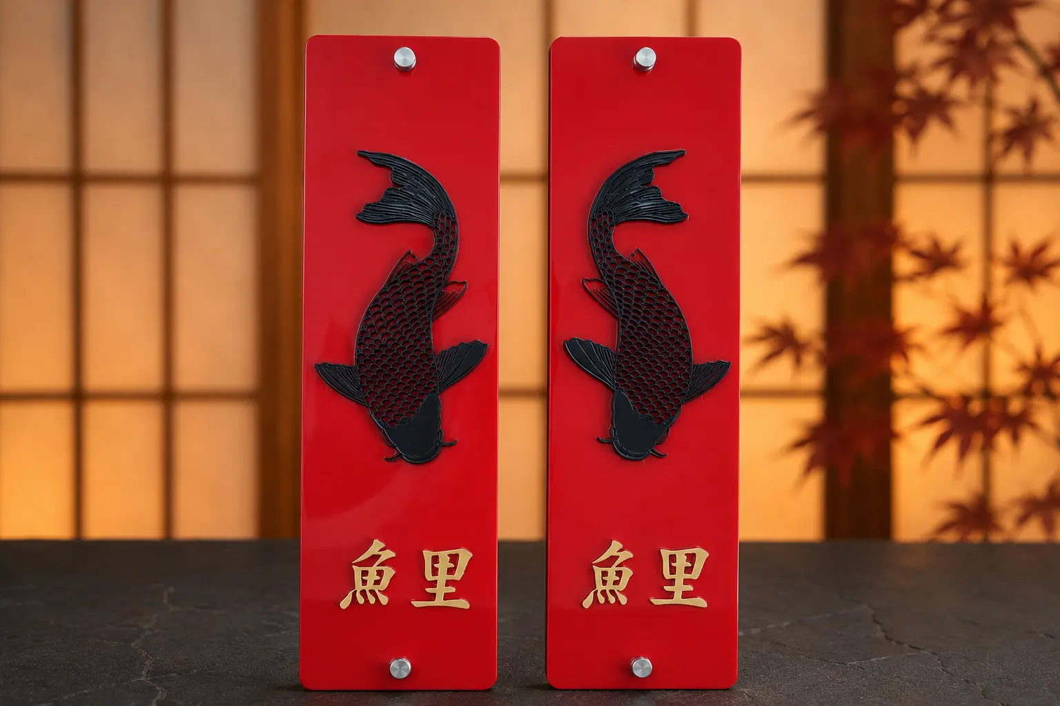 Pair of tall red plaques with black koi and gold characters