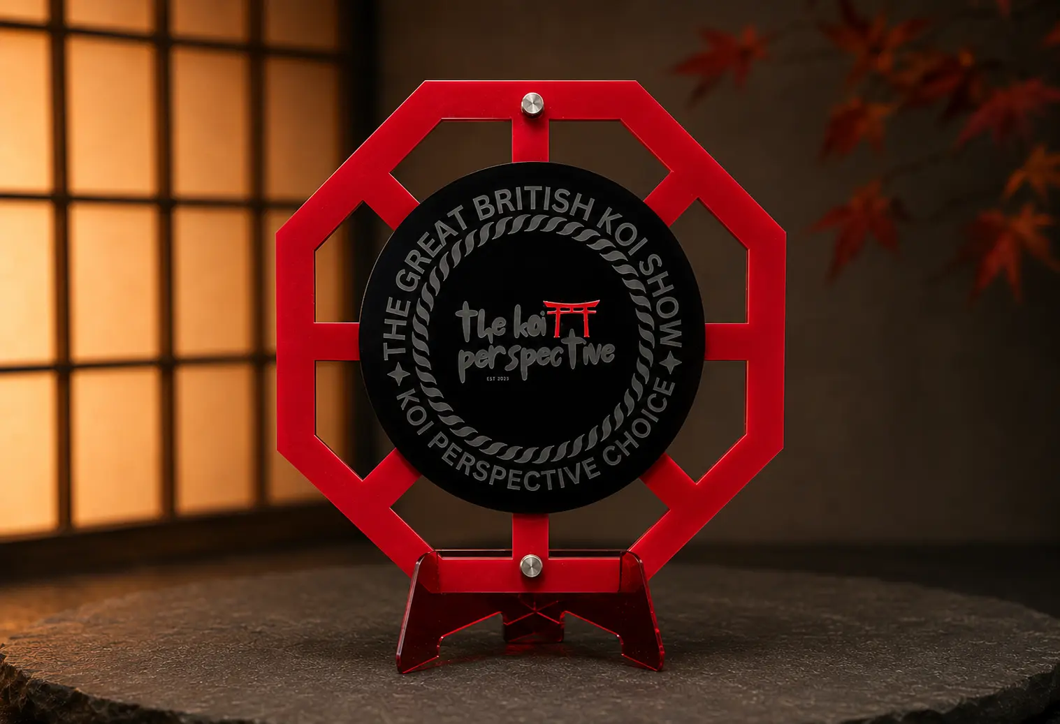 Bespoke red and black acrylic koi-show trophy