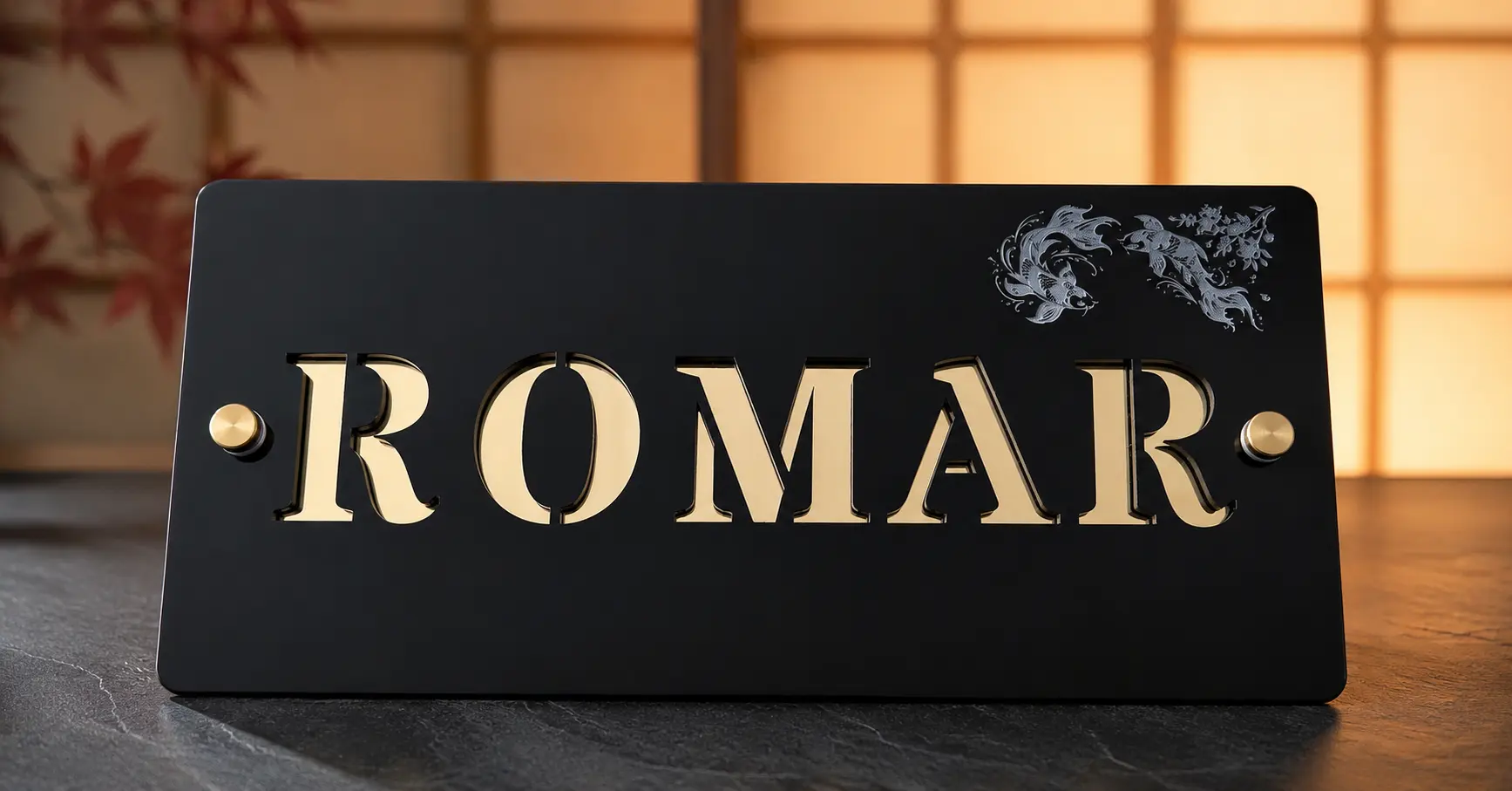 Black and gold ROMAR bespoke acrylic house sign