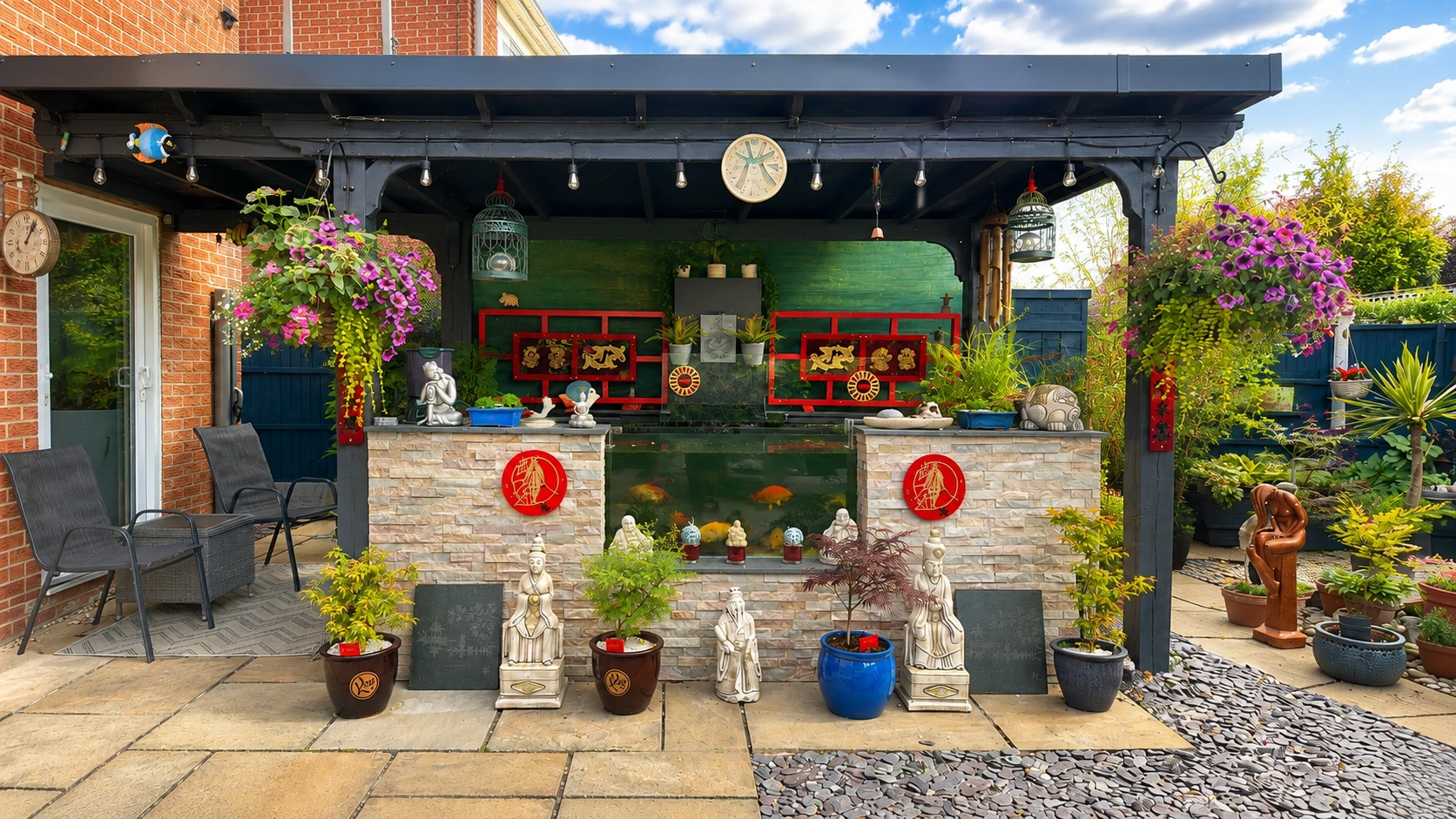 The Krafty Koi pond and Japanese-inspired garden with koi pond window, maples, ornaments and hanging flowers