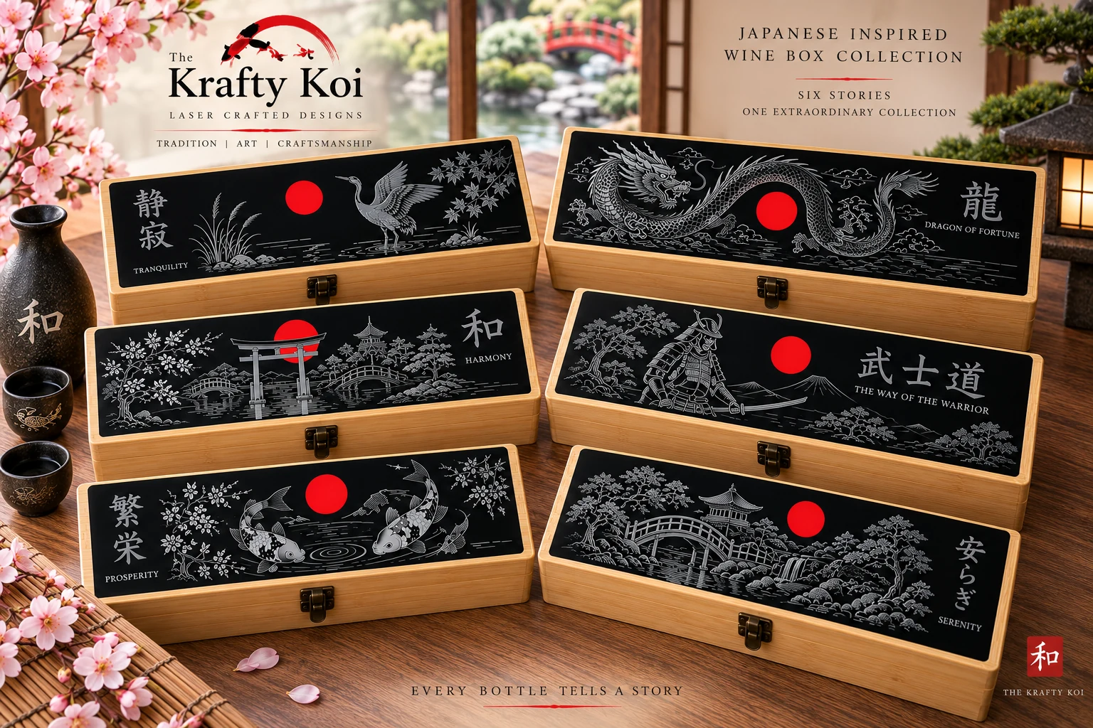 Six Japanese-inspired handcrafted wine presentation boxes by The Krafty Koi