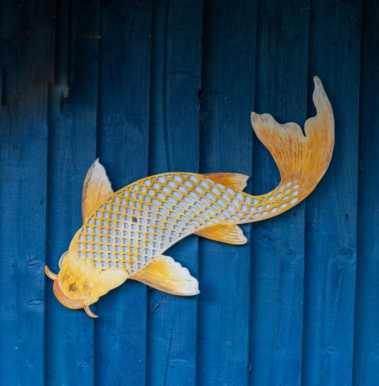Golden koi laser-cut wall art displayed on a blue timber wall